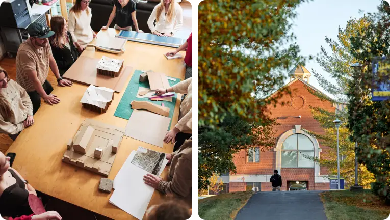 students at a table and a university building
