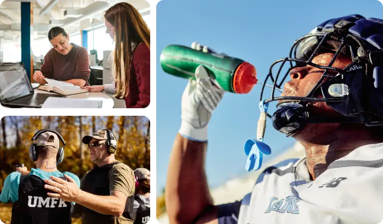 two students discussing papers, student athletes hugging, football player drinking from water bottle