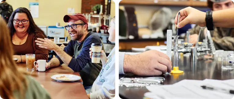 students laughing over coffee and a close up of a hand mixing chemical in a beaker