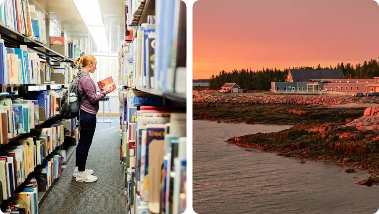 a student reading a book in a library stack and an ocean view of campus