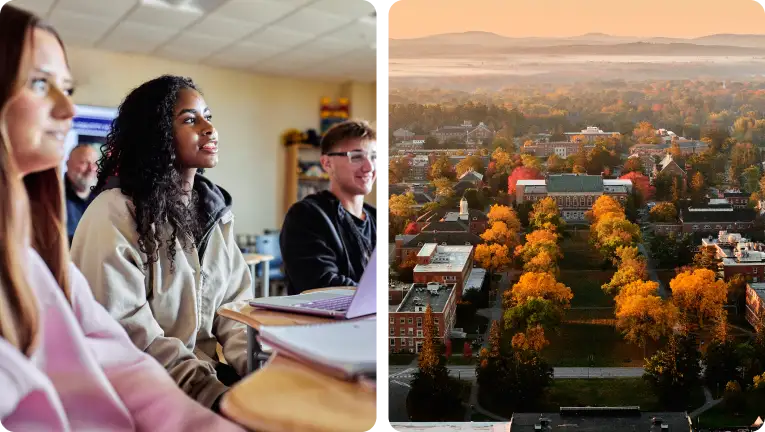 students smiling in class and an aerial view of campus