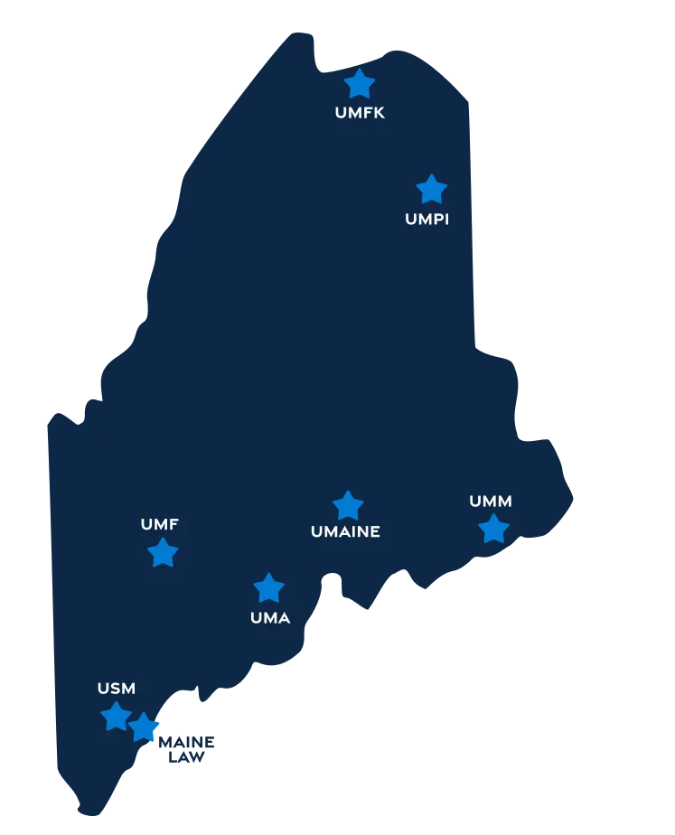 state of maine illustration with schools signified by blue stars