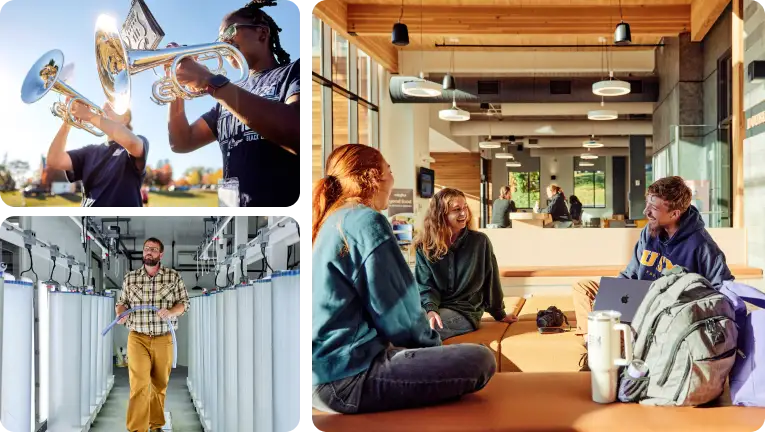students playing french horn, students in the commons discussing, man walking down a hallway between vats