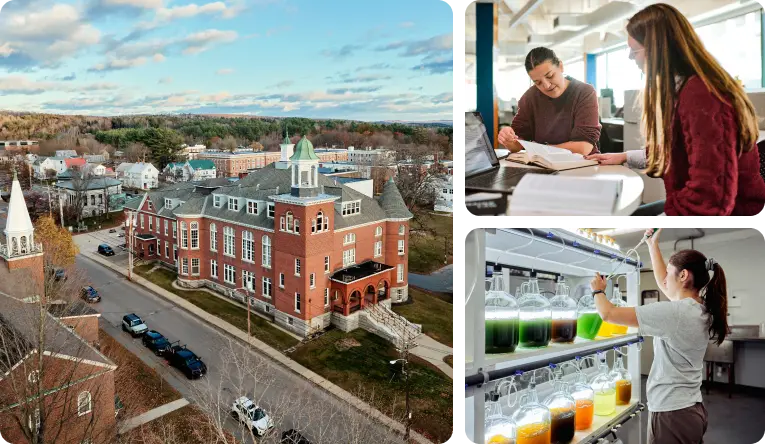 aerial view of university and two young women studying and a woman in a chemistry lab working